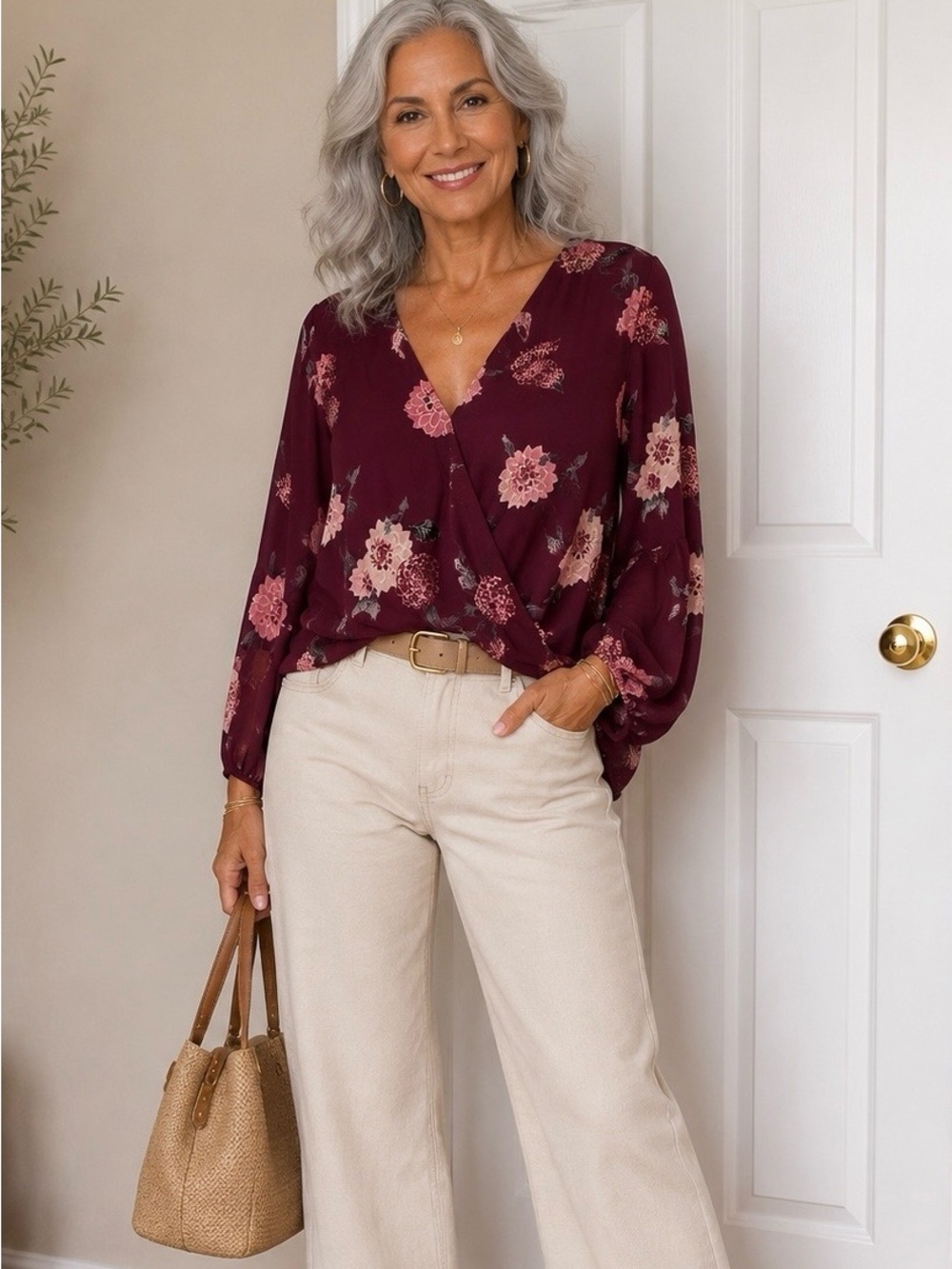 Beacon Burgundy Floral Wrap Blouse